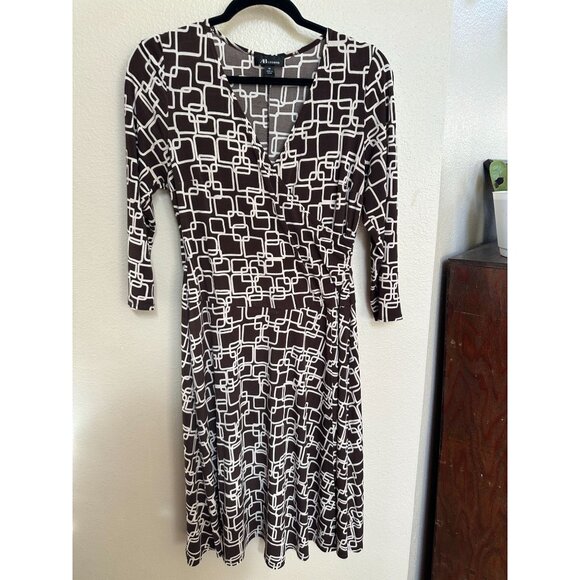 AB Studio Womens Brown & White Geometric Print A-Line Dress Medium 3/4 Sleeves - Picture 1 of 7